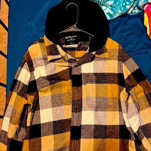 Hollister Flannel with hoodie , Large, Color: yellow black and white